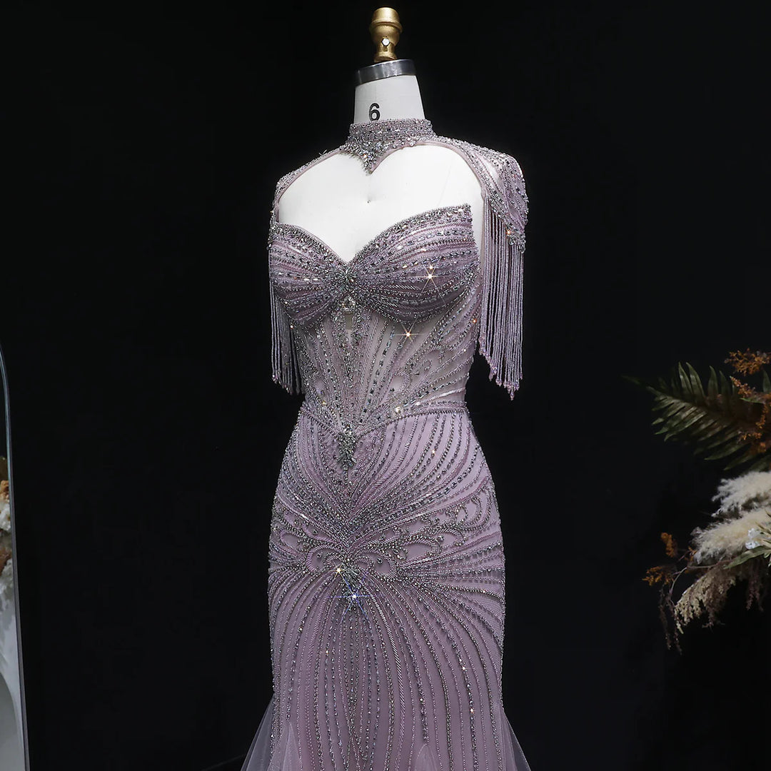 Luxury Sparkling Crystal Tassel Shoulder Evening Gown SS021-DreamyVow