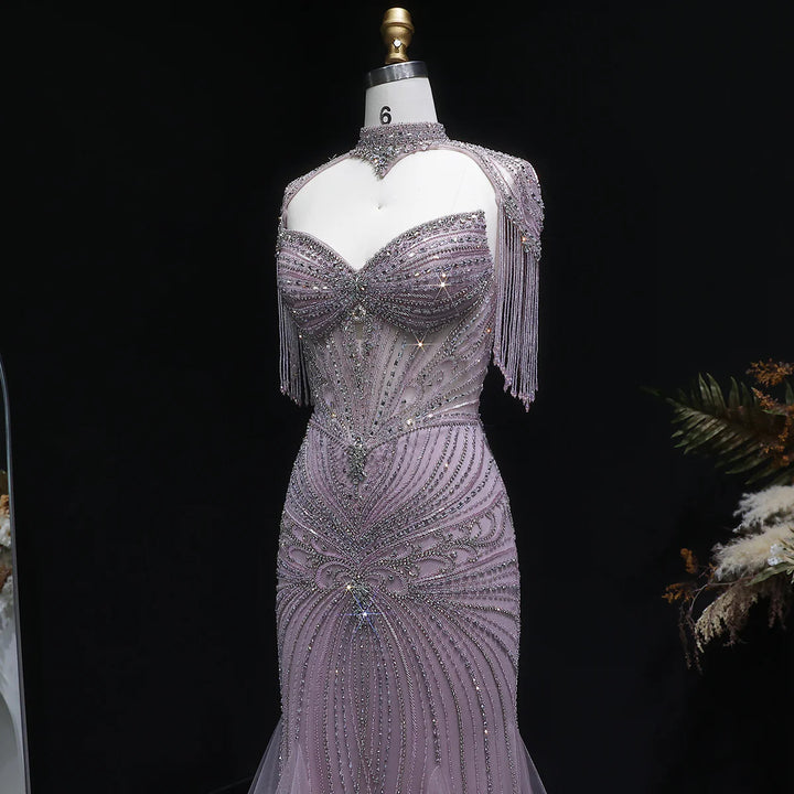 Luxury Sparkling Crystal Tassel Shoulder Evening Gown SS021-DreamyVow