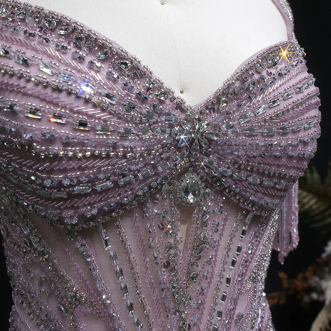 Luxury Sparkling Crystal Tassel Shoulder Evening Gown SS021-DreamyVow
