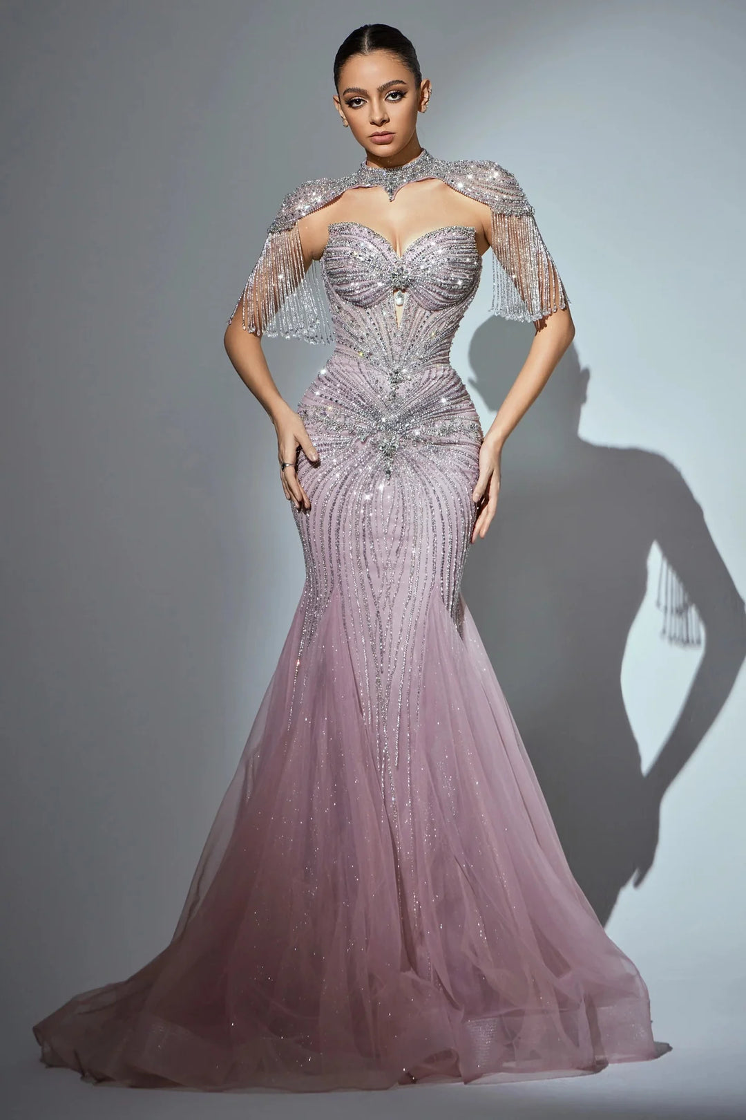 Luxury Sparkling Crystal Tassel Shoulder Evening Gown SS021-DreamyVow