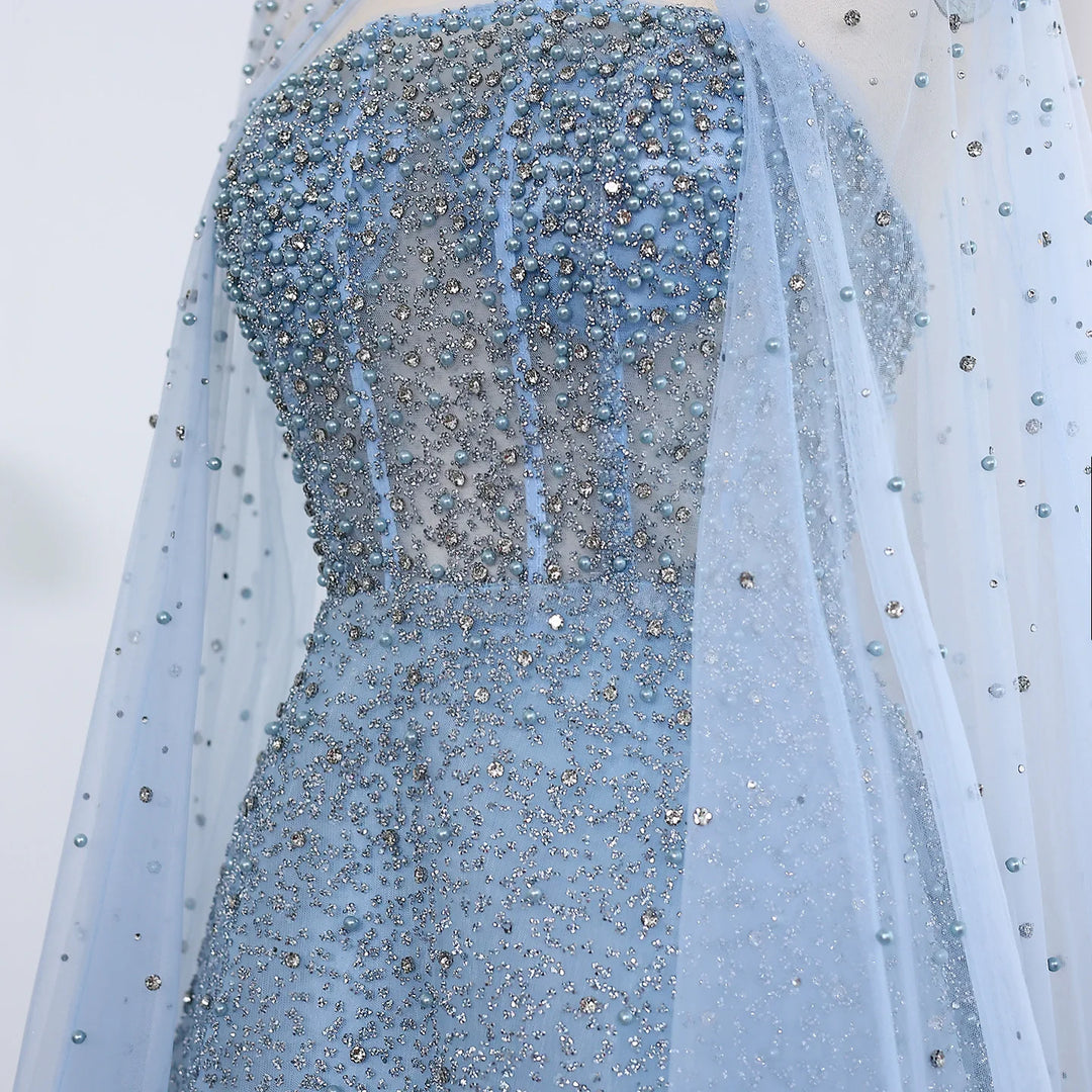 Luxury Sparkly Crystal Turquoise Evening Dress with Cape SS651