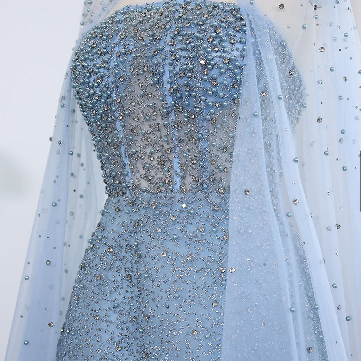 Luxury Sparkly Crystal Turquoise Evening Dress with Cape SS651