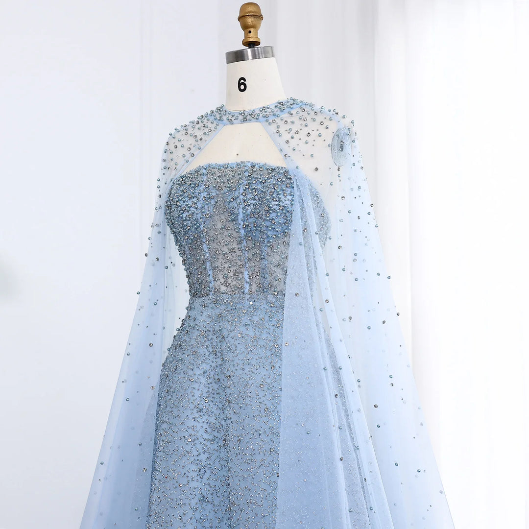 Luxury Sparkly Crystal Turquoise Evening Dress with Cape SS651