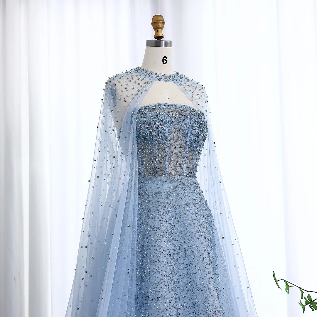 Luxury Sparkly Crystal Turquoise Evening Dress with Cape SS651