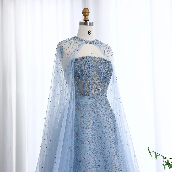 Luxury Sparkly Crystal Turquoise Evening Dress with Cape SS651