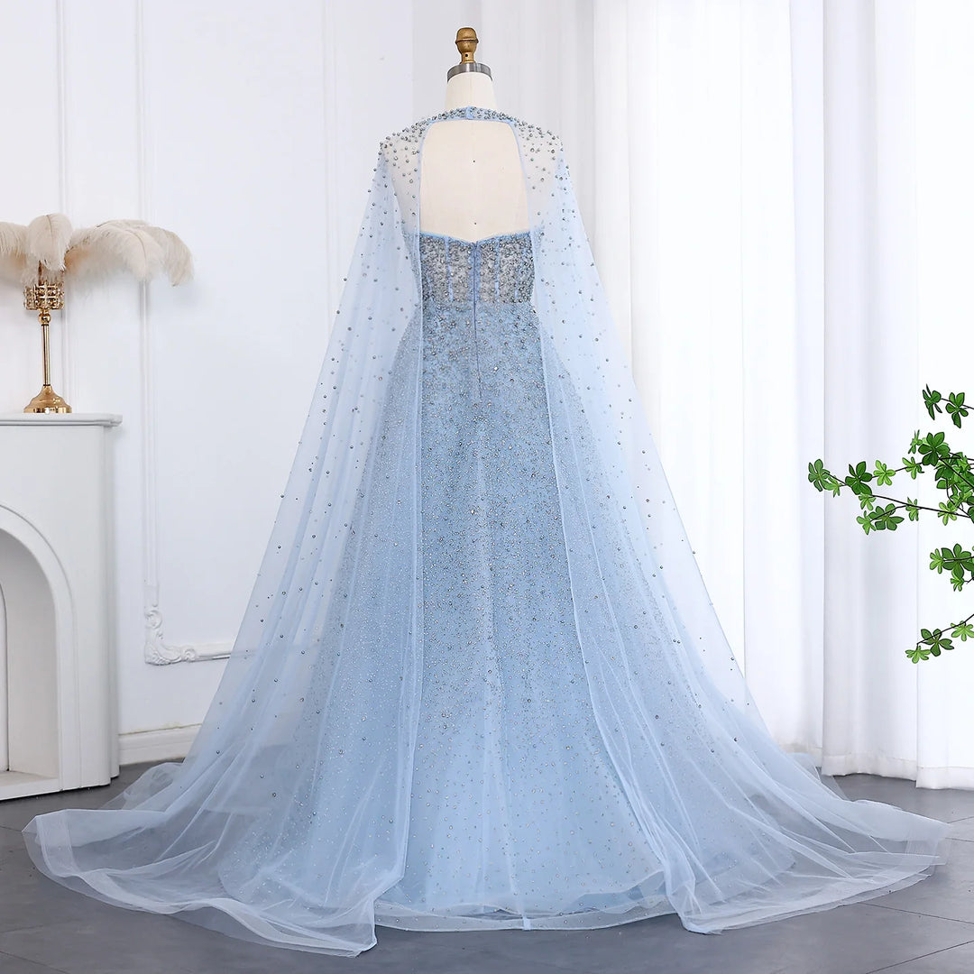 Luxury Sparkly Crystal Turquoise Evening Dress with Cape SS651