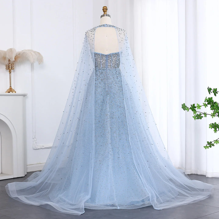 Luxury Sparkly Crystal Turquoise Evening Dress with Cape SS651