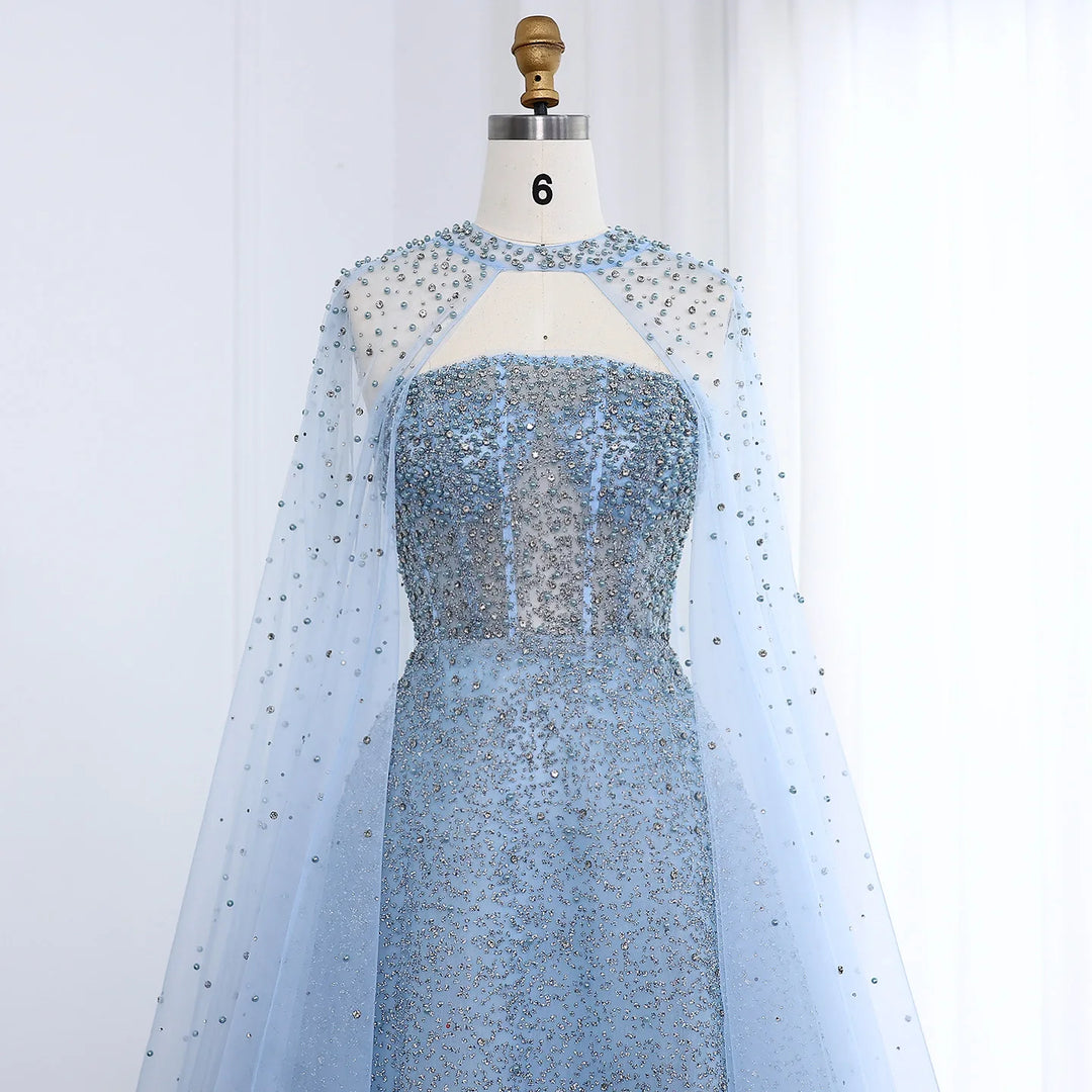 Luxury Sparkly Crystal Turquoise Evening Dress with Cape SS651