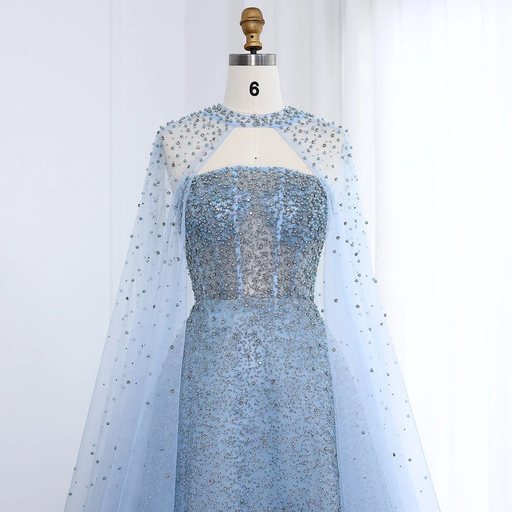 Luxury Sparkly Crystal Turquoise Evening Dress with Cape SS651