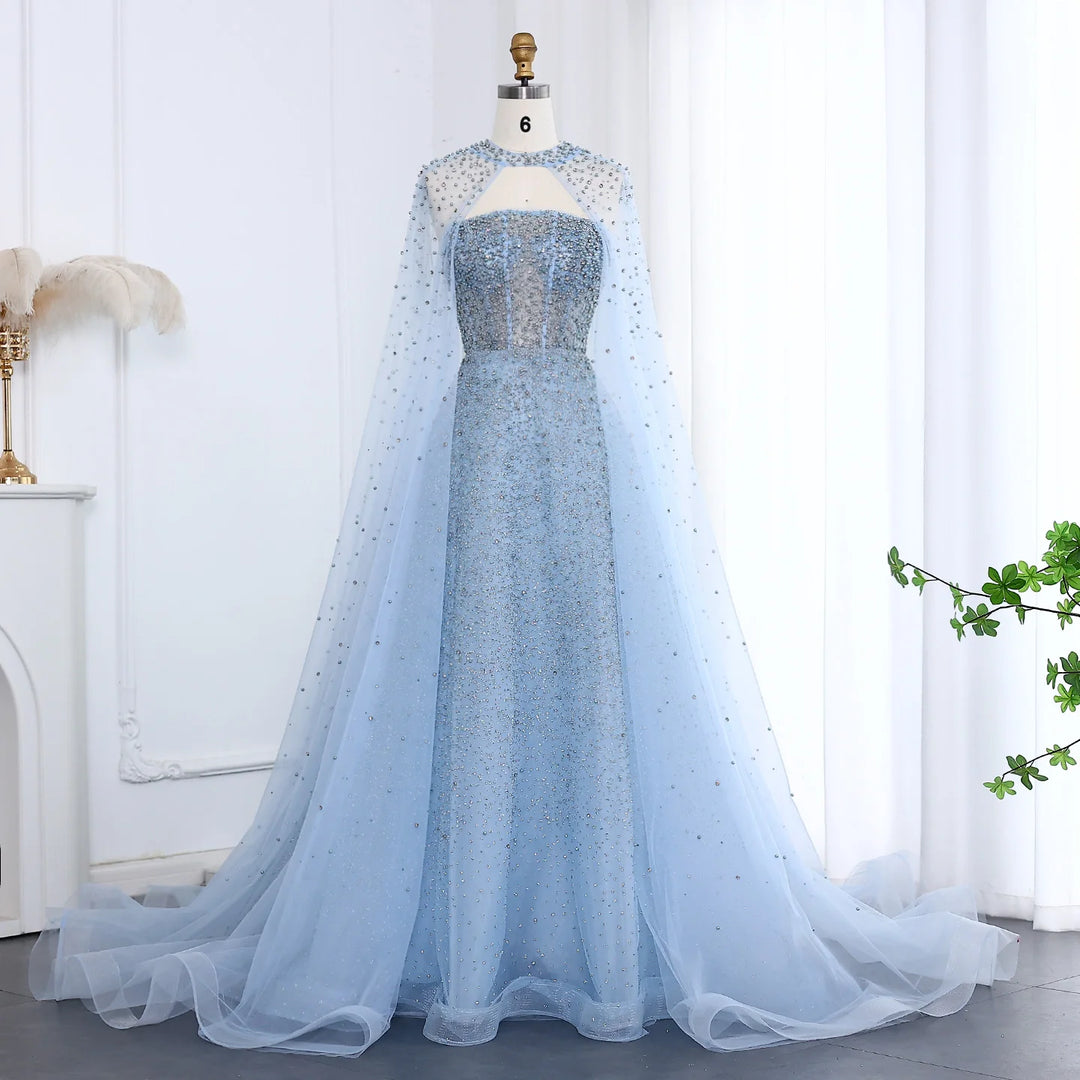 Luxury Sparkly Crystal Turquoise Evening Dress with Cape SS651