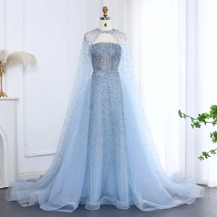Luxury Sparkly Crystal Turquoise Evening Dress with Cape SS651