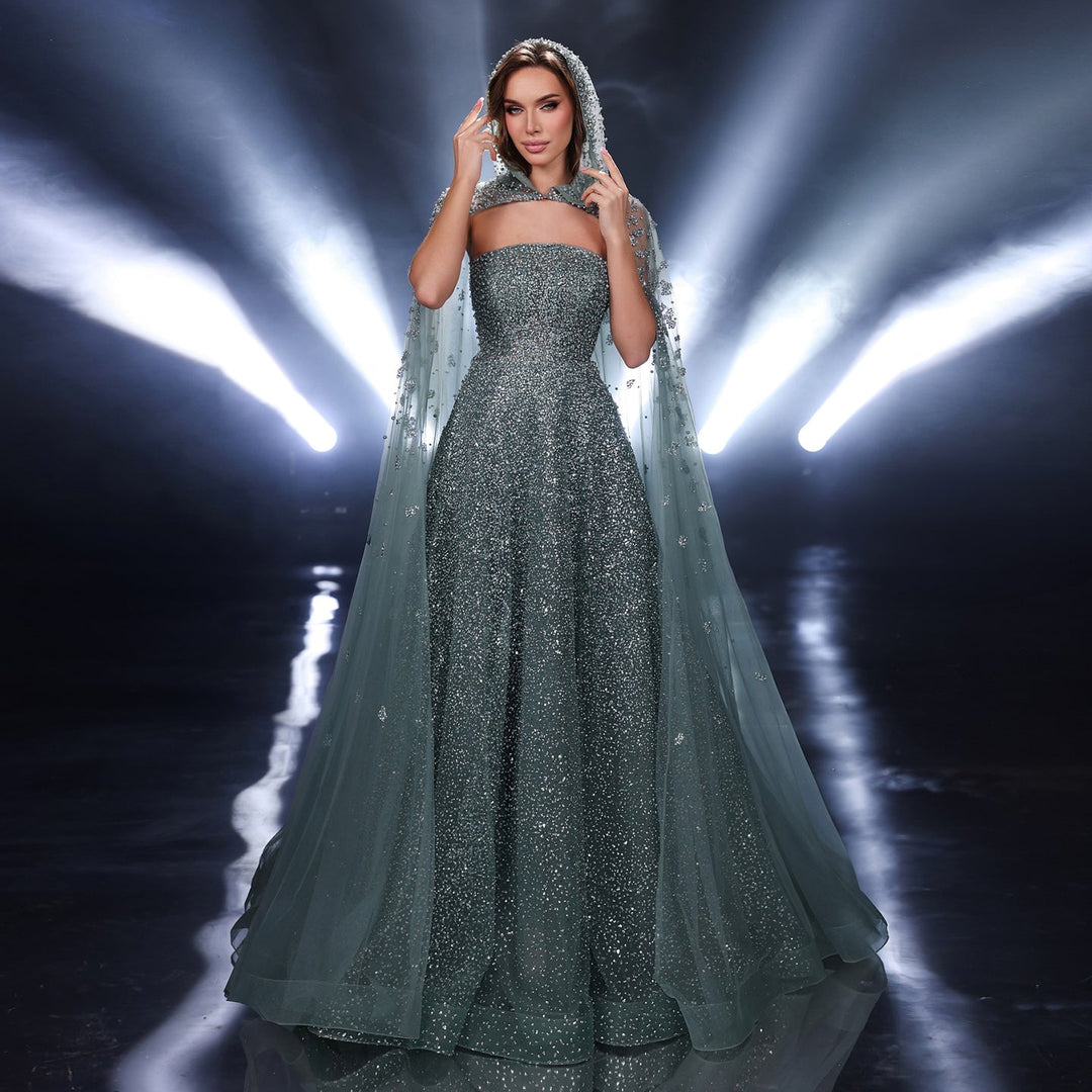 Luxury Sparkly Crystal Turquoise Evening Dress with Cape SS651  DreamyVow
