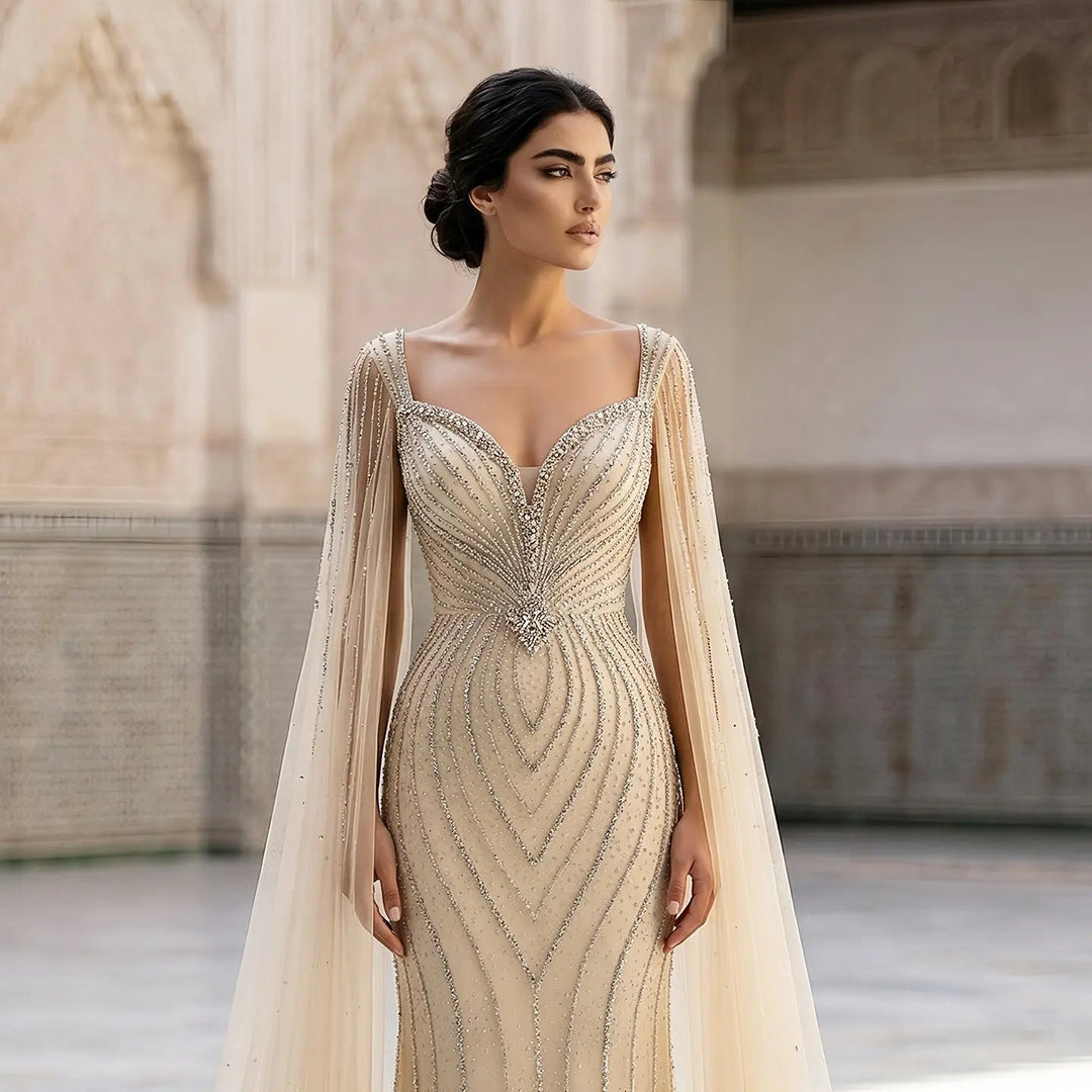 Luxury Sweetheart Neck Beaded Evening Dress with Cape Sleeves SS130-DreamyVow