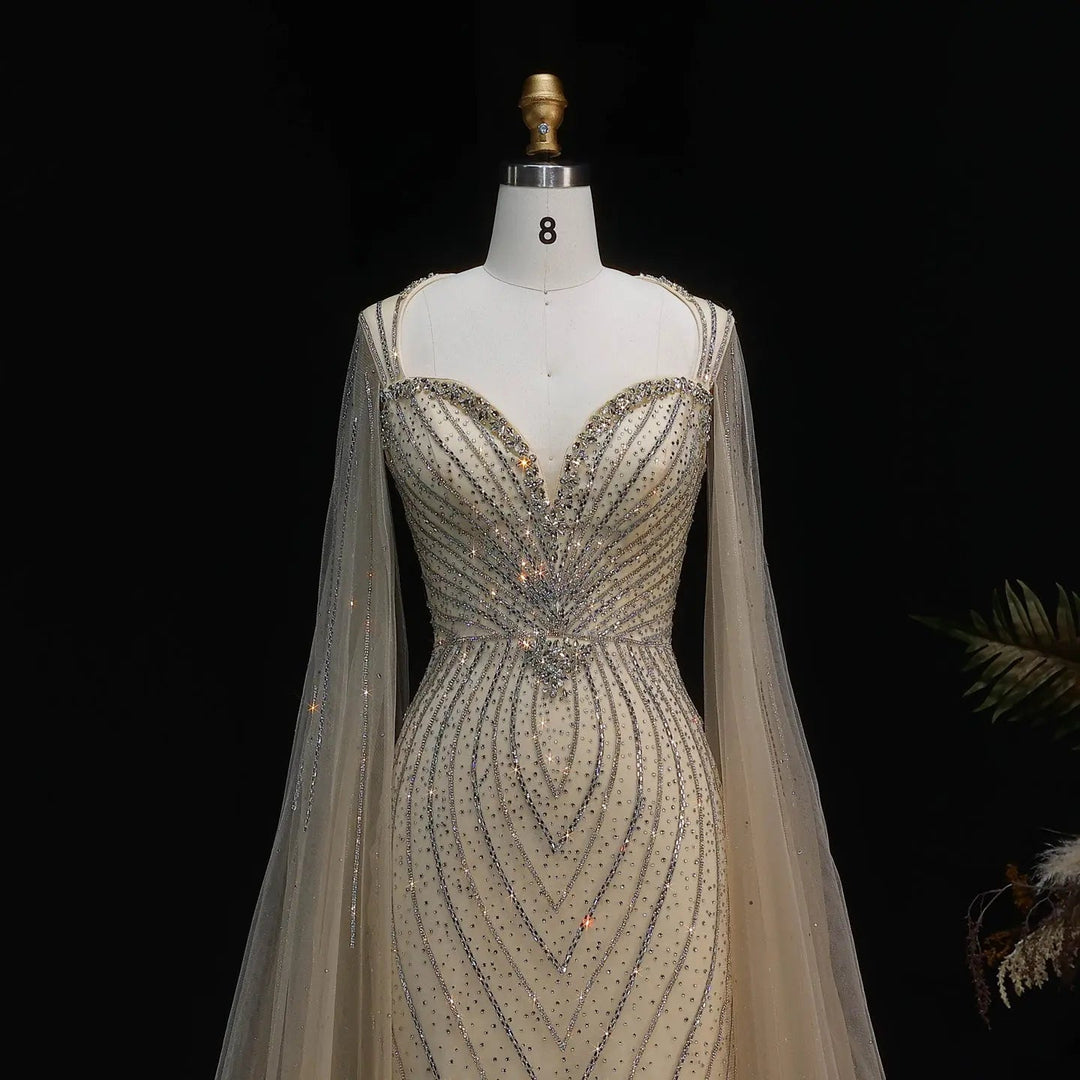 Luxury Sweetheart Neck Beaded Evening Dress with Cape Sleeves SS130-DreamyVow