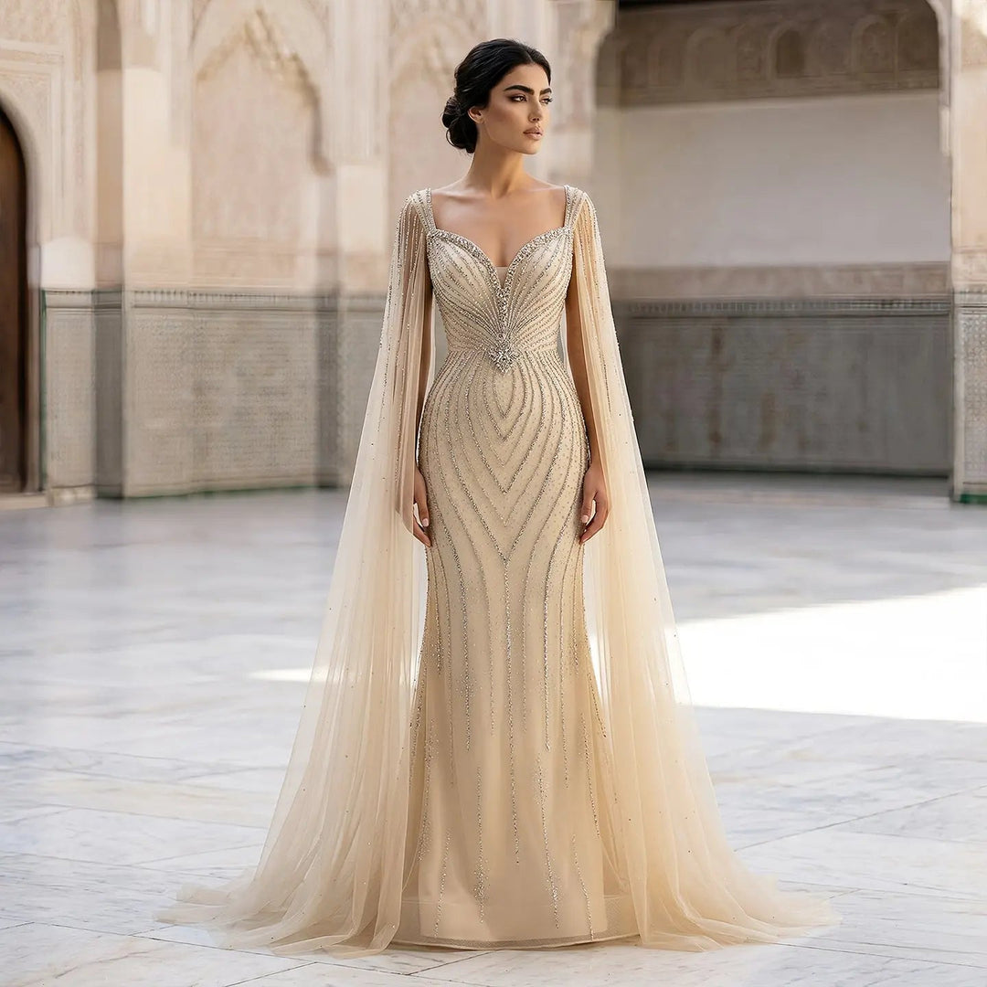Luxury Sweetheart Neck Beaded Evening Dress with Cape Sleeves SS130 DreamyVow Luxury Sweetheart Neck Beaded Evening Dress with Cape Sleeves SS130 DreamyVow