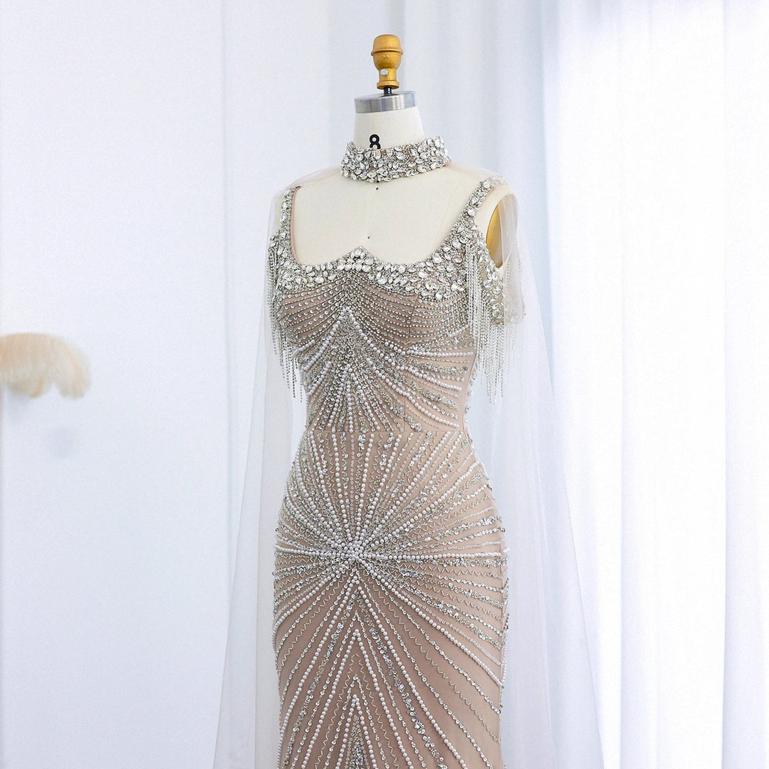 Luxury Tassel Champagne Mermaid Evening Dress with Cape SS158 DreamyVow Luxury Tassel Champagne Mermaid Evening Dress with Cape SS158 DreamyVow