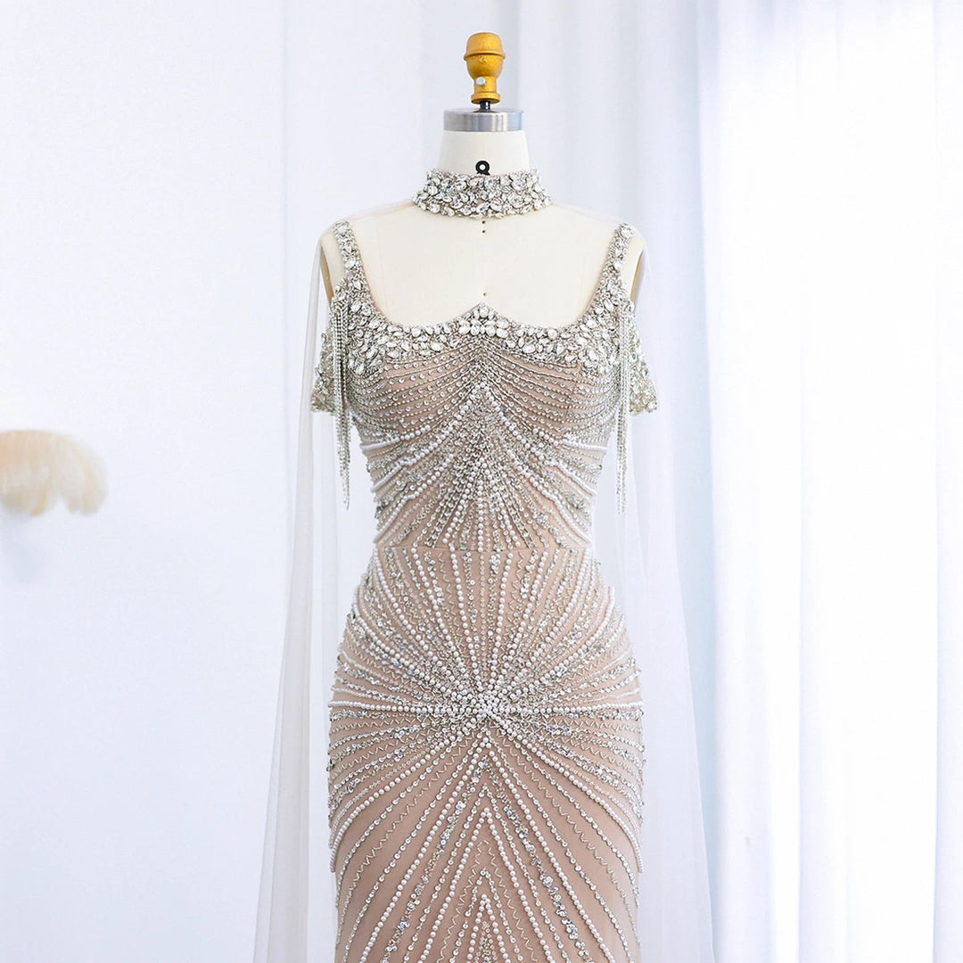 Luxury Tassel Champagne Mermaid Evening Dress with Cape SS158 – DreamyVow