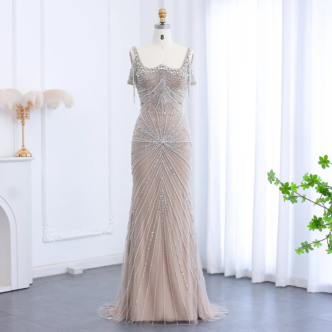 luxury sequin tassel dress Luxury Tassel Silver Nude Evening Dress with Cape Chocker SS158