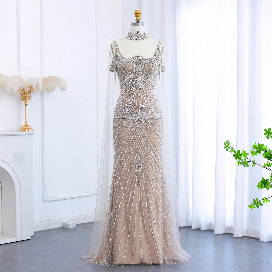 Luxury Tassel Champagne Mermaid Evening Dress with Cape SS158 Champagne / 16 Luxury Tassel Champagne Mermaid Evening Dress with Cape SS158 Champagne / 16