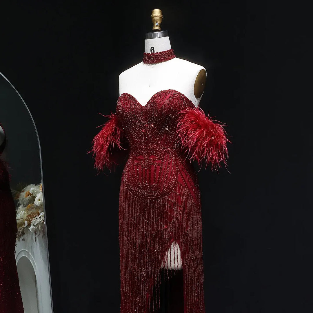 Luxury Tassel Feather Silver Nude Mermaid Evening Dress SS187-DreamyVow