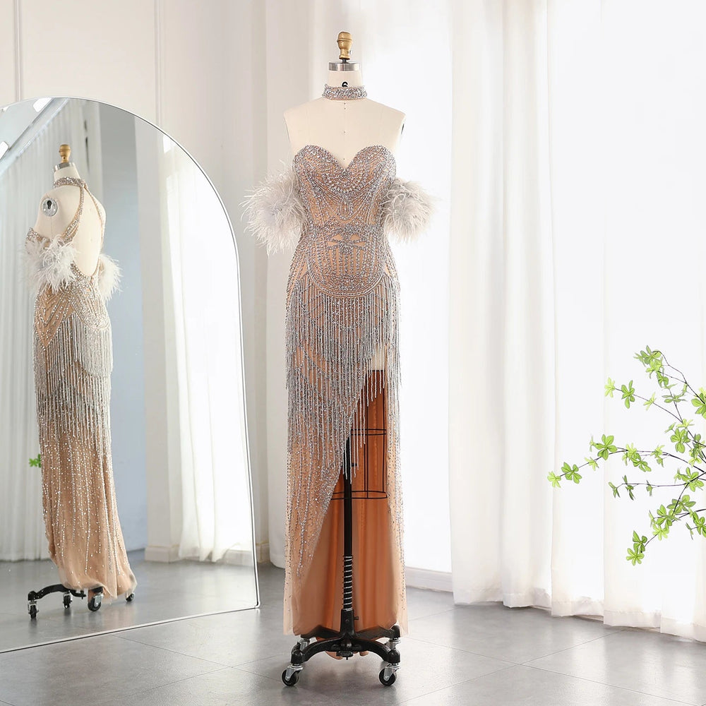 Luxury Tassel Feather Silver Nude Mermaid Evening Dress SS187