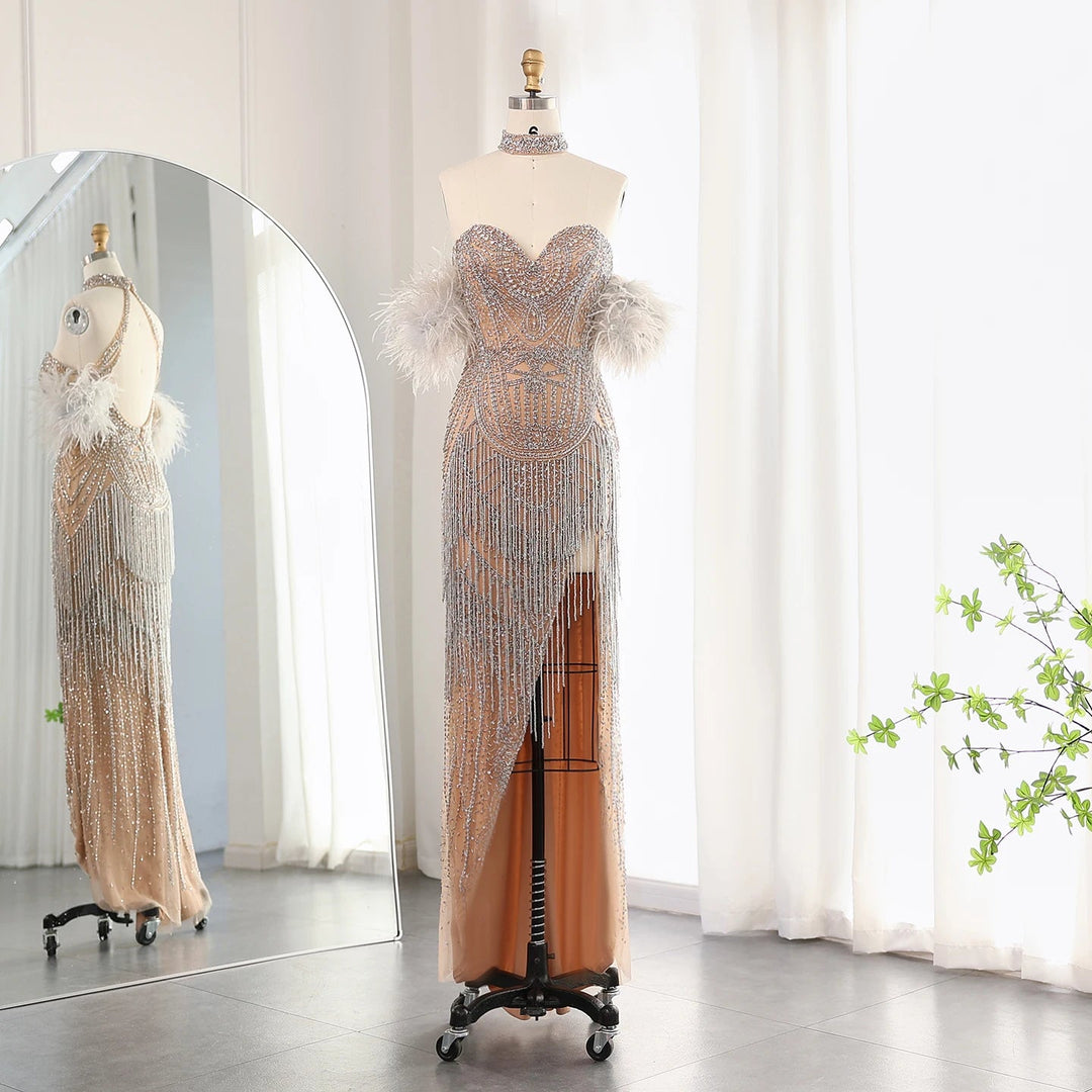 Luxury Tassel Feather Silver Nude Mermaid Evening Dress SS187