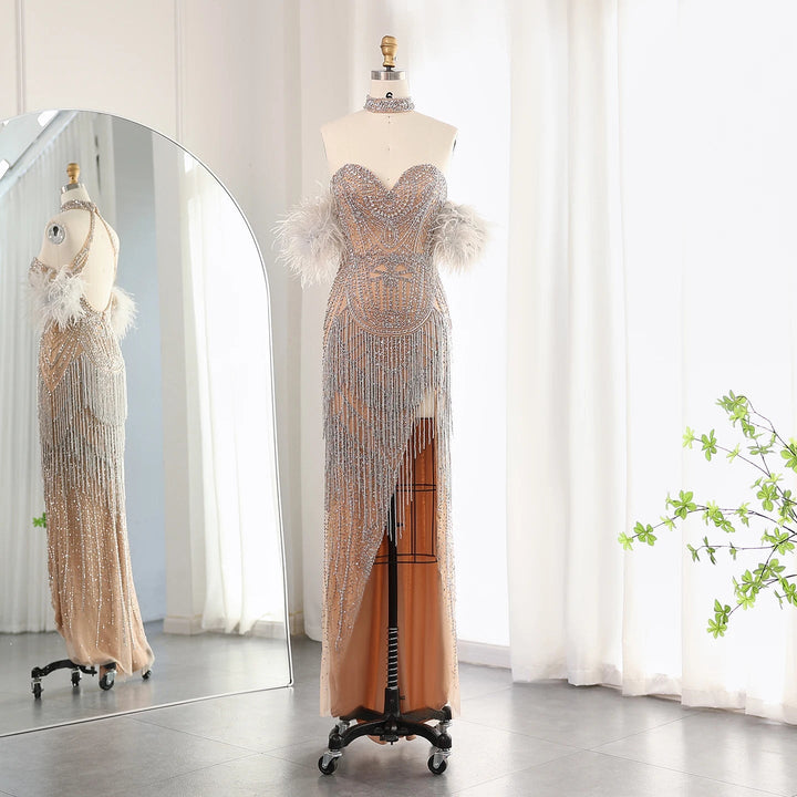 Luxury Tassel Feather Silver Nude Mermaid Evening Dress SS187