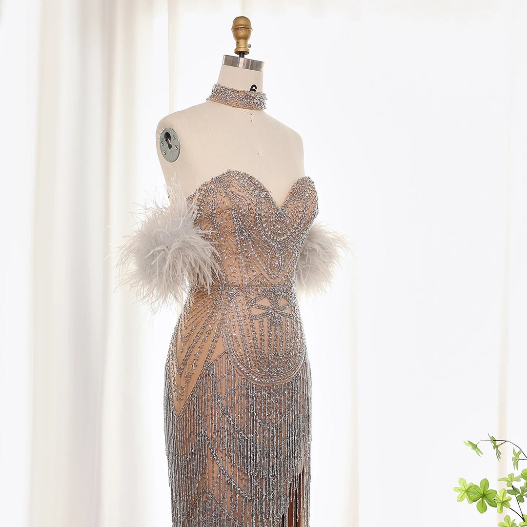 Luxury Tassel Feather Silver Nude Mermaid Evening Dress SS187