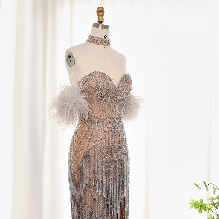 Luxury Tassel Feather Silver Nude Mermaid Evening Dress SS187