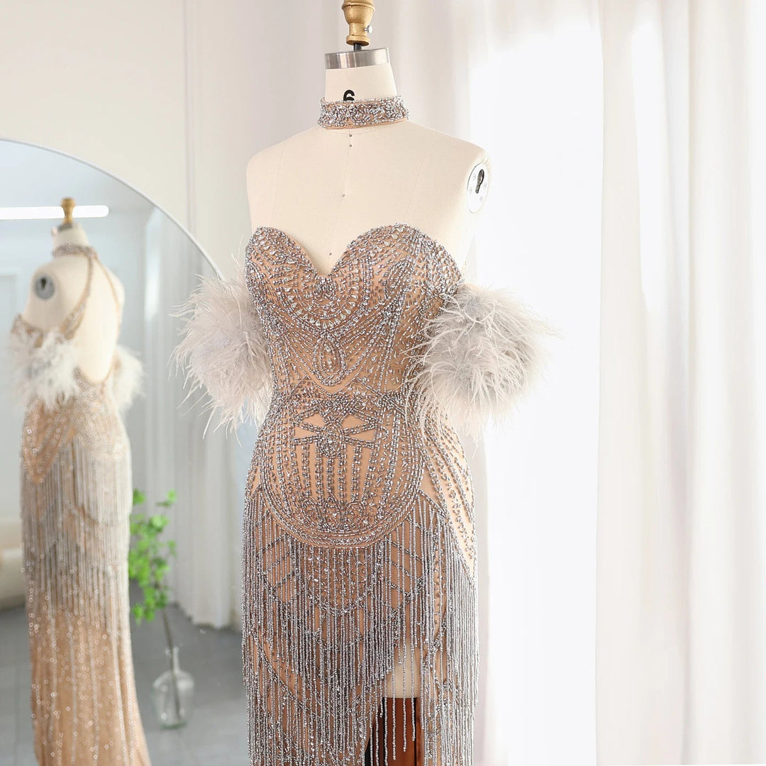 Luxury Tassel Feather Silver Nude Mermaid Evening Dress SS187