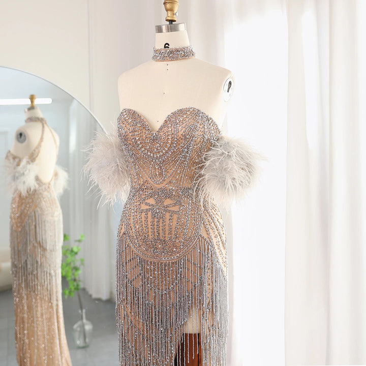 Luxury Tassel Feather Silver Nude Mermaid Evening Dress SS187