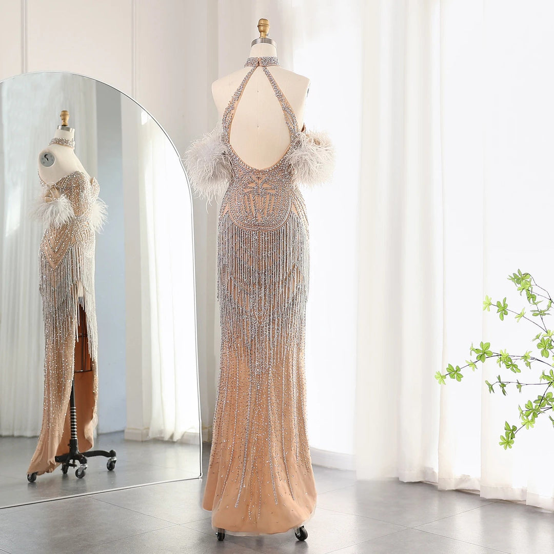 Luxury Tassel Feather Silver Nude Mermaid Evening Dress SS187