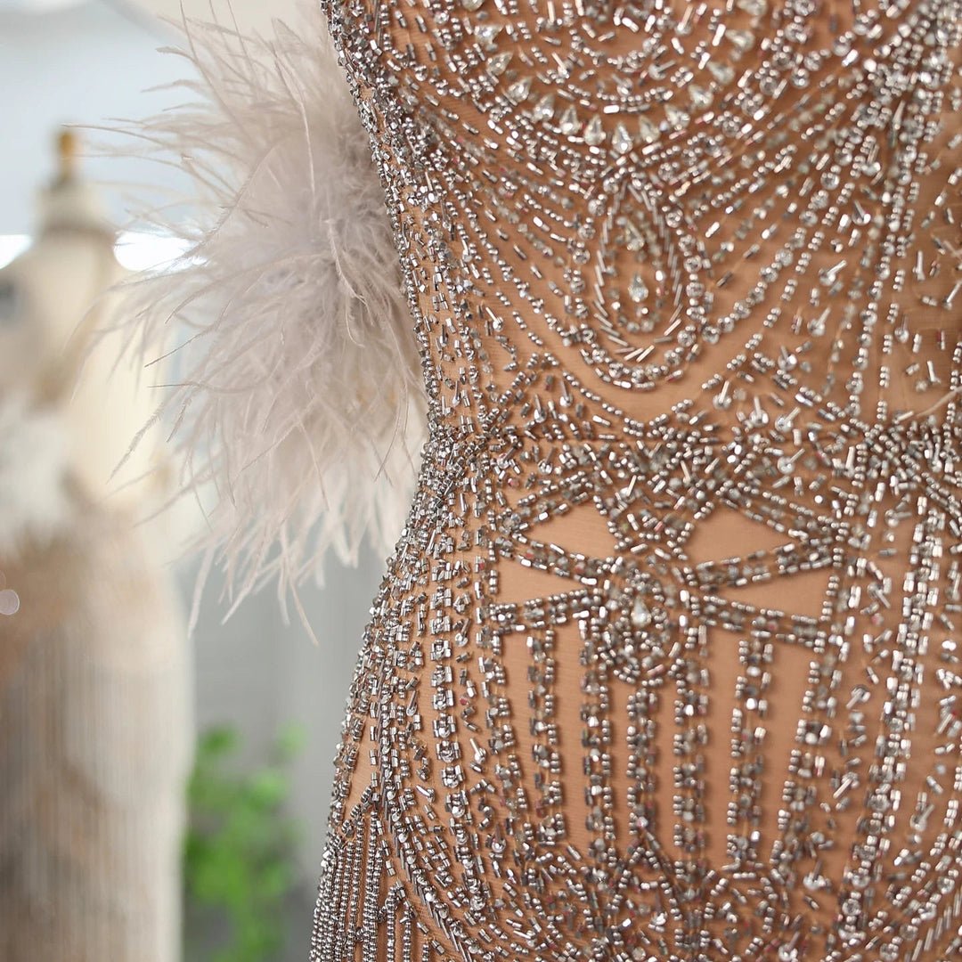 Luxury Tassel Feather Silver Nude Mermaid Evening Dress SS187