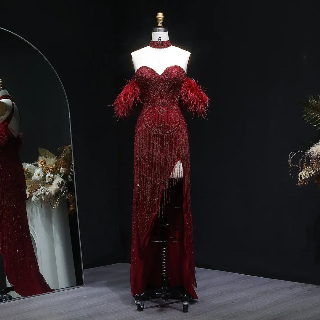 Luxury Tassel Feather Silver Nude Mermaid Evening Dress SS187-DreamyVow