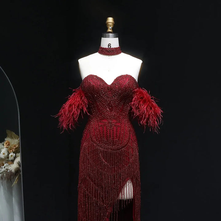 Luxury Tassel Feather Silver Nude Mermaid Evening Dress SS187-DreamyVow