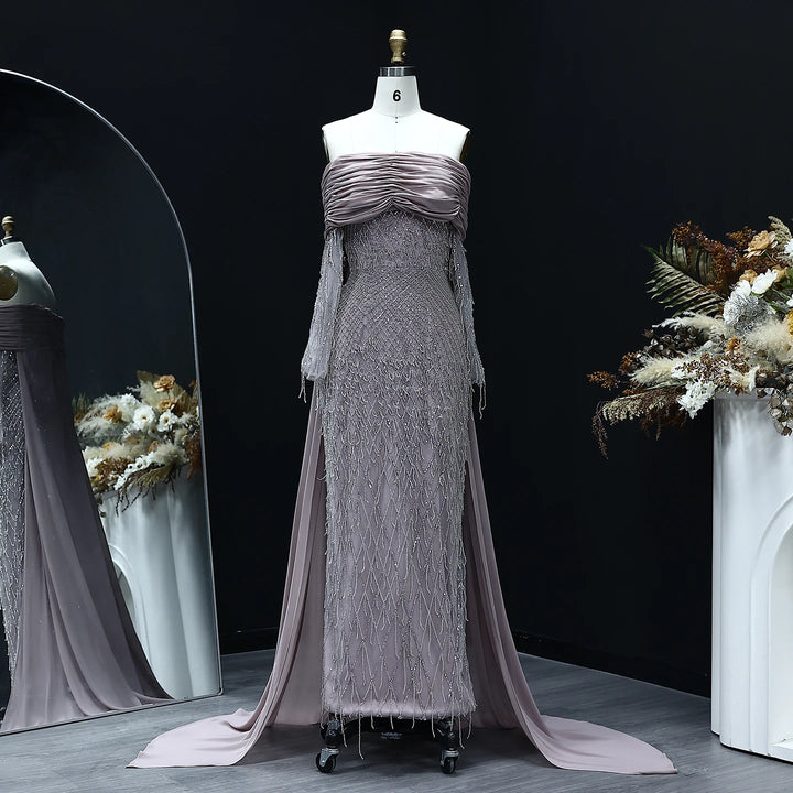 Luxury Tassel Lilac Off Shoulder Evening Dress with Cape SS708