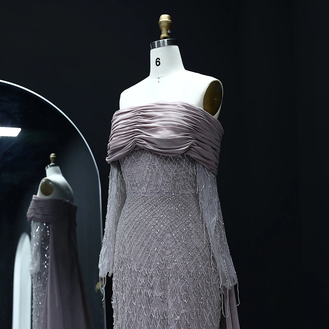 Luxury Tassel Lilac Off Shoulder Evening Dress with Cape SS708