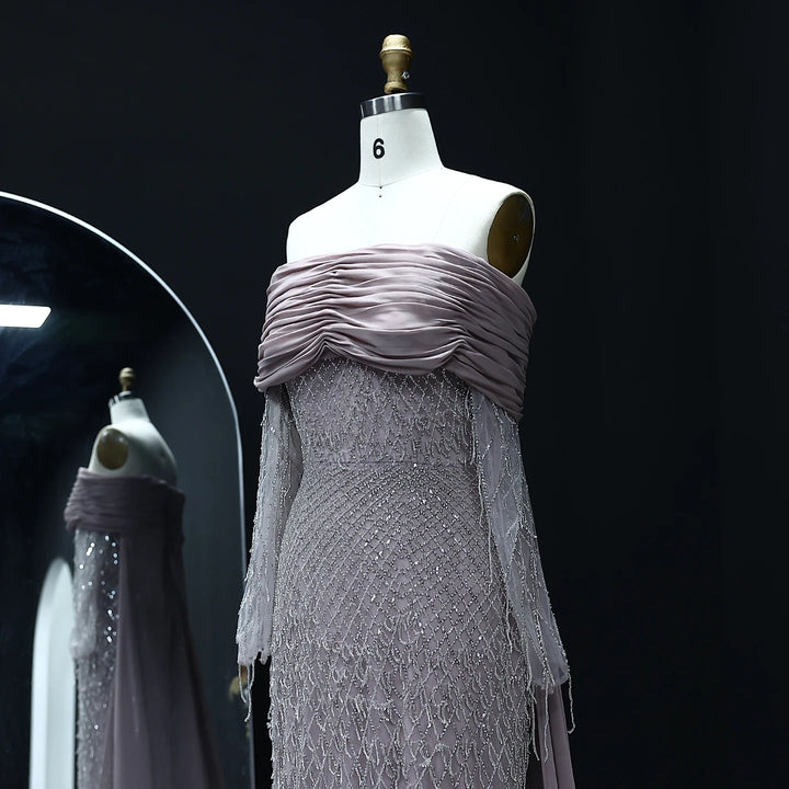 Luxury Tassel Lilac Off Shoulder Evening Dress with Cape SS708