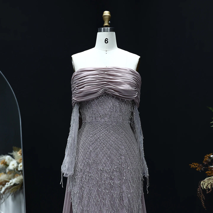 Luxury Tassel Lilac Off Shoulder Evening Dress with Cape SS708