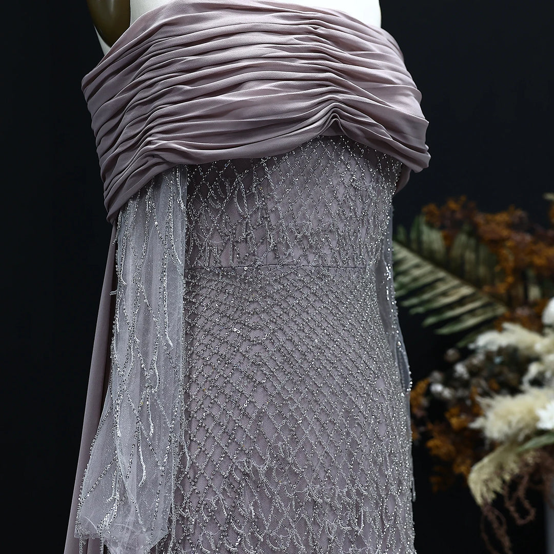 Luxury Tassel Lilac Off Shoulder Evening Dress with Cape SS708