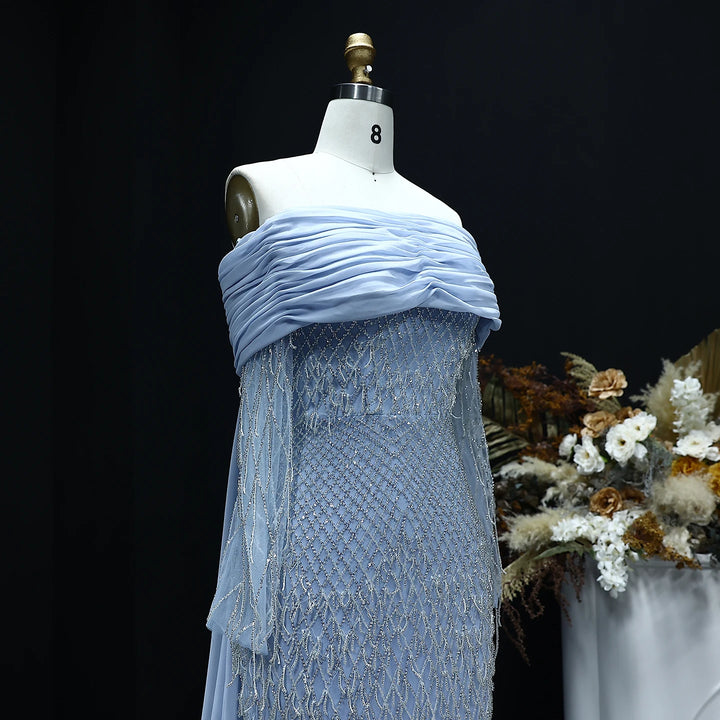 Luxury Tassel Lilac Off Shoulder Evening Dress with Cape SS708