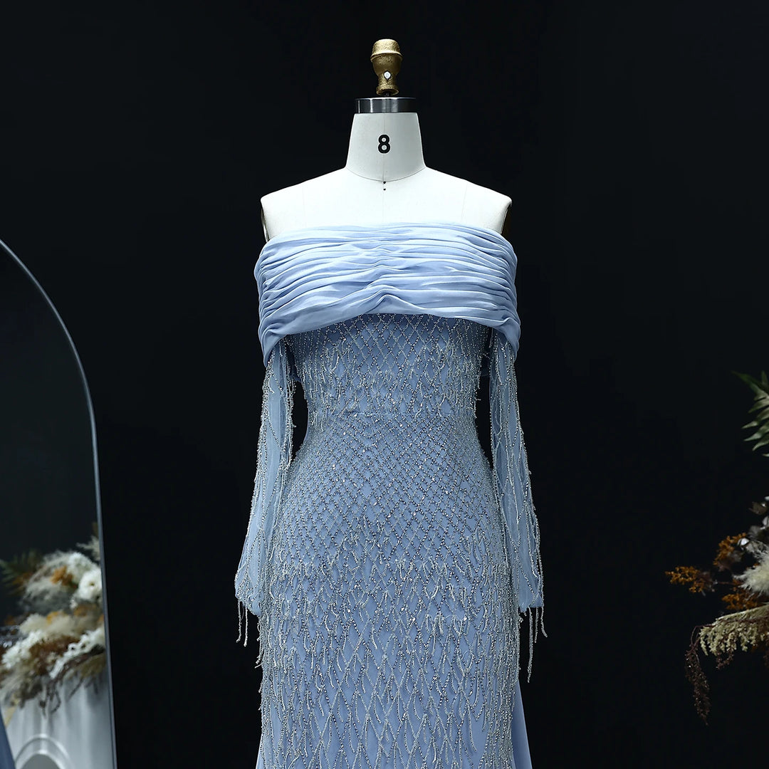 Luxury Tassel Lilac Off Shoulder Evening Dress with Cape SS708