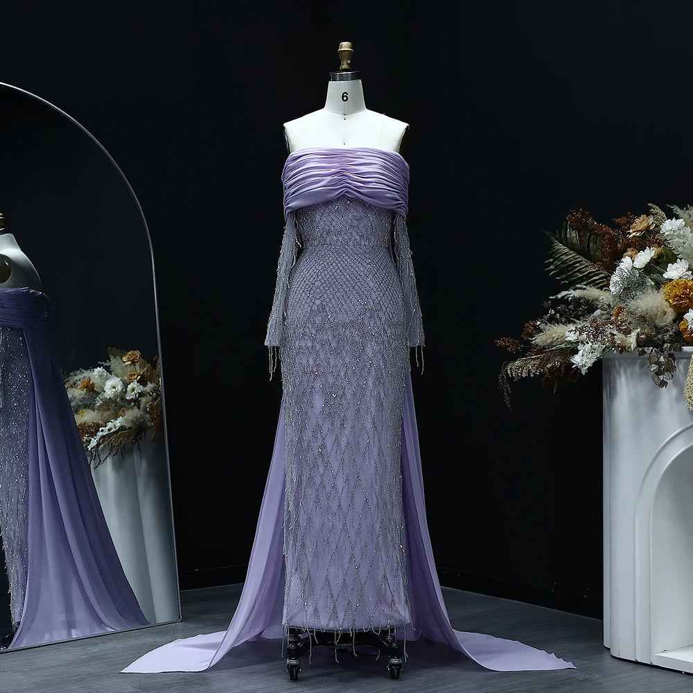 Luxury Tassel Lilac Off Shoulder Evening Dress with Cape SS708