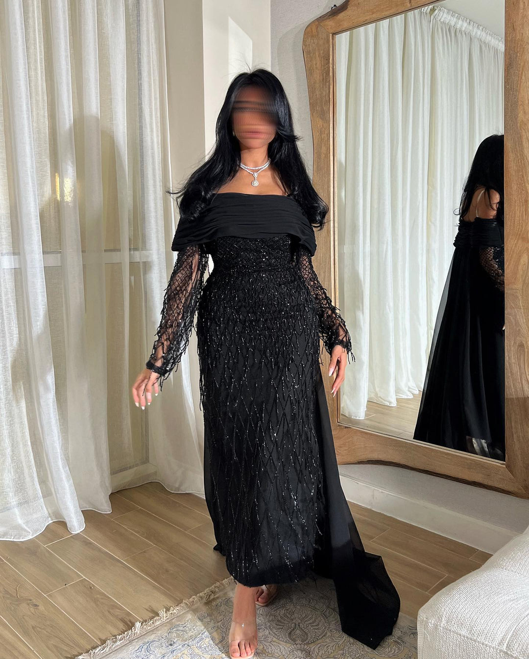 Luxury Tassel Lilac Off Shoulder Evening Dress with Cape SS708