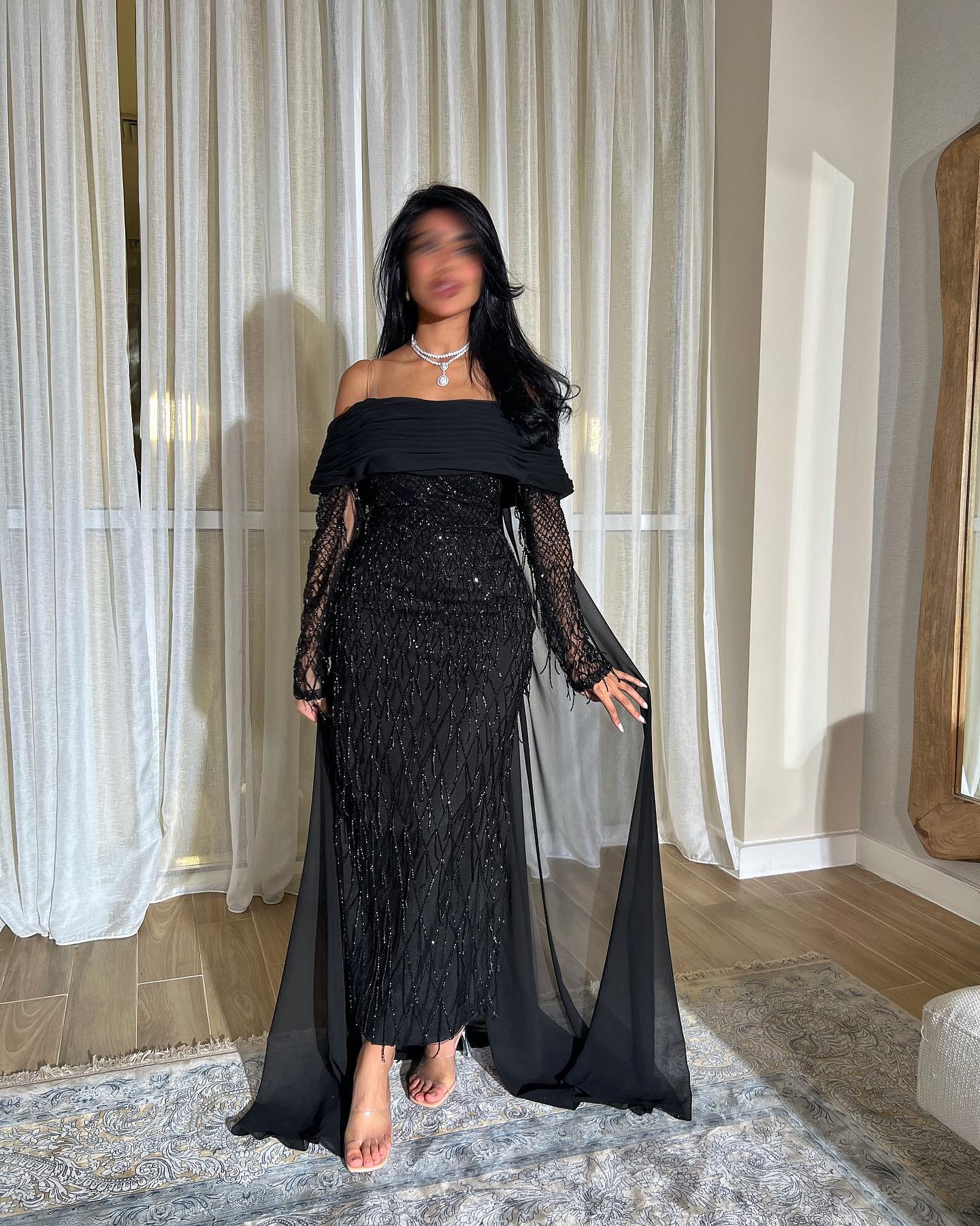 Luxury Tassel Lilac Off Shoulder Evening Dress with Cape SS708