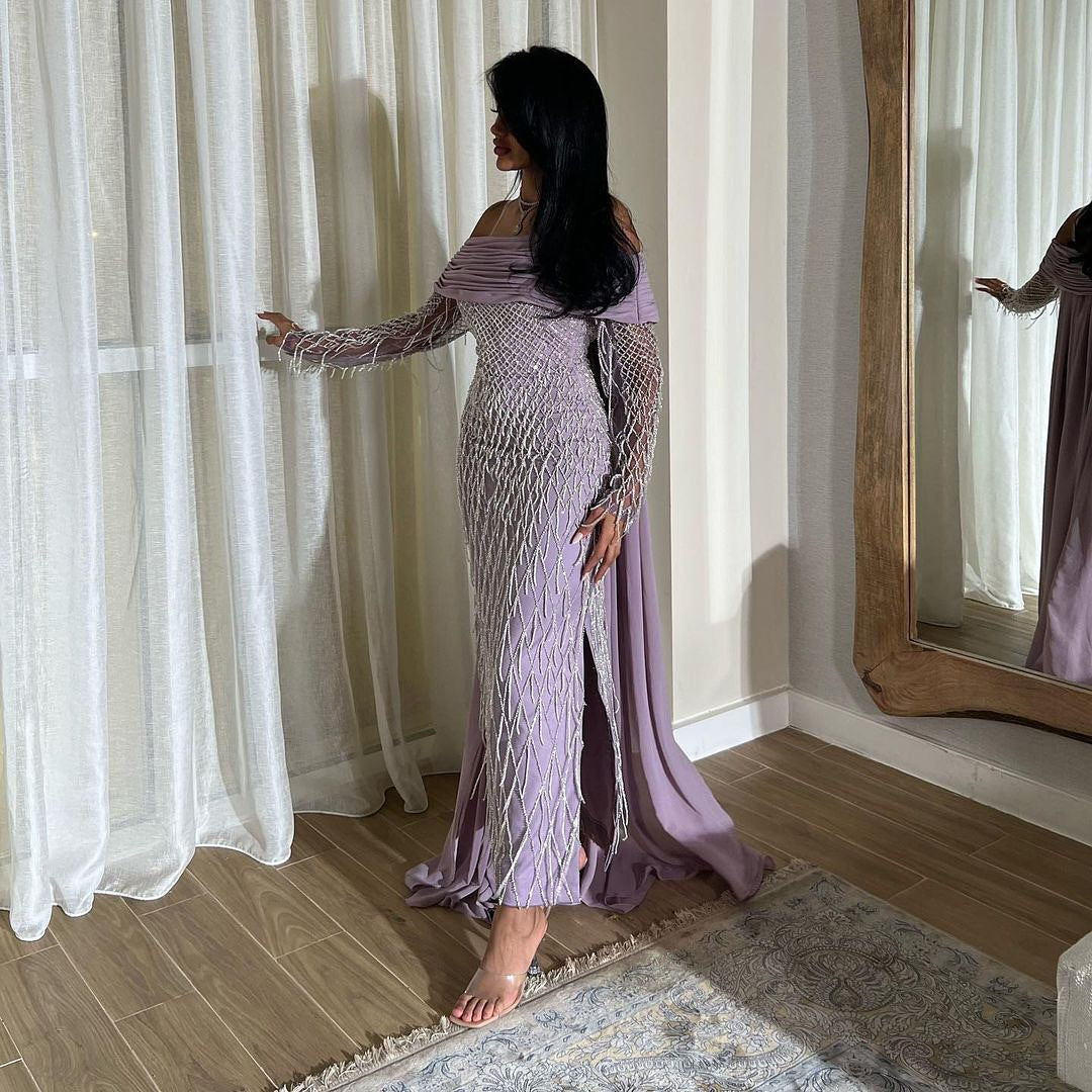 Luxury Tassel Lilac Off Shoulder Evening Dress with Cape SS708