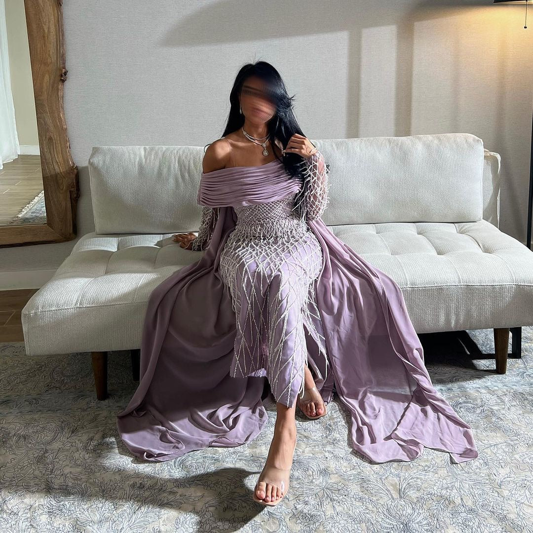 Luxury Tassel Lilac Off Shoulder Evening Dress with Cape SS708