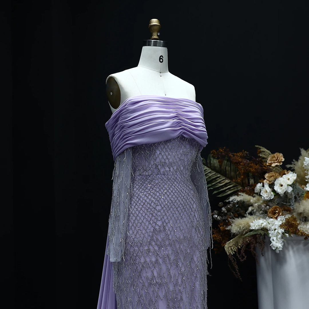 Luxury Tassel Lilac Off Shoulder Evening Dress with Cape SS708