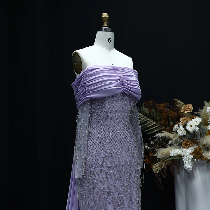 Luxury Tassel Lilac Off Shoulder Evening Dress with Cape SS708