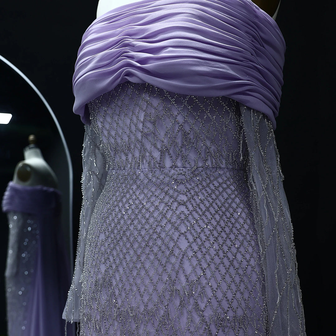 Luxury Tassel Lilac Off Shoulder Evening Dress with Cape SS708